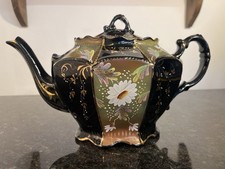 Antique Victorian Jackfield Style Teapot Black Glaze Hand Painted Floral 27cm