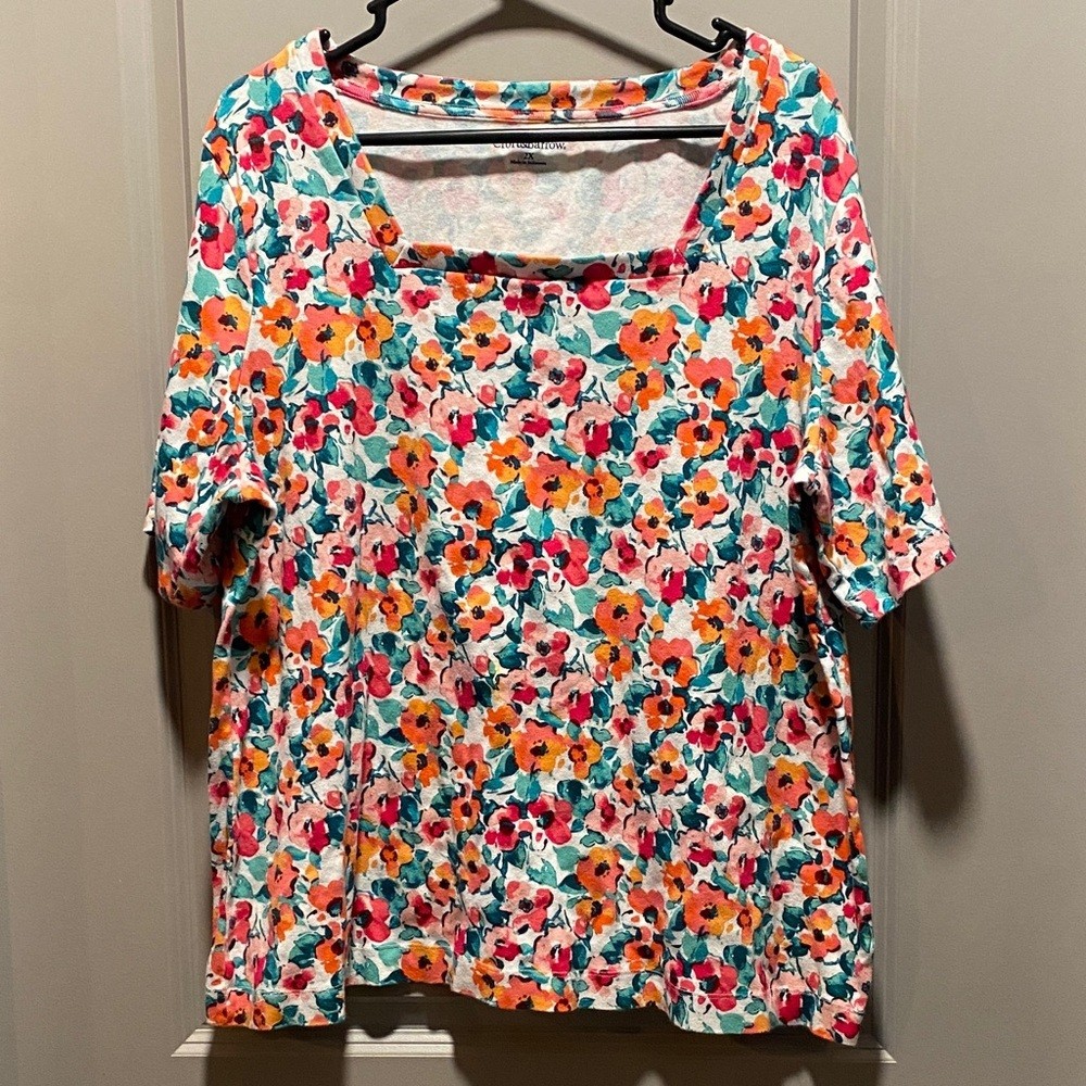 Croft & Barrow Colorful Floral Top Square Neck Cotton Casual Plus 2X