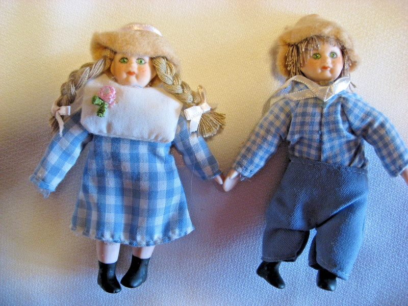 VTG Porcelain Dollhouse Boy and Girl (French?) Blue Checked Matching Outfits 4"