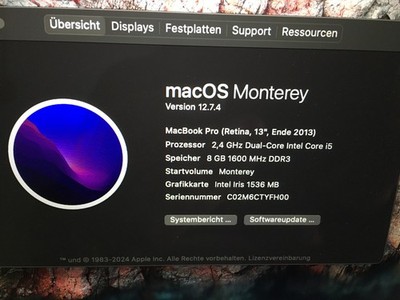 Apple MacBook 13 Zoll 2013/14 Retina 8 GB  AS 512 GB SSD Zustand 1a