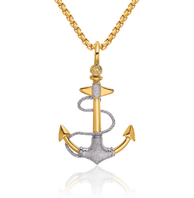 14K Solid Two Tone Gold Anchor Mariner Rope Shackle Necklace