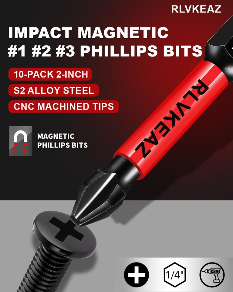 10-Pack Phillips Bits #1#2#3 Impact Magnetic 2 Inch Phillips Head Drill ...