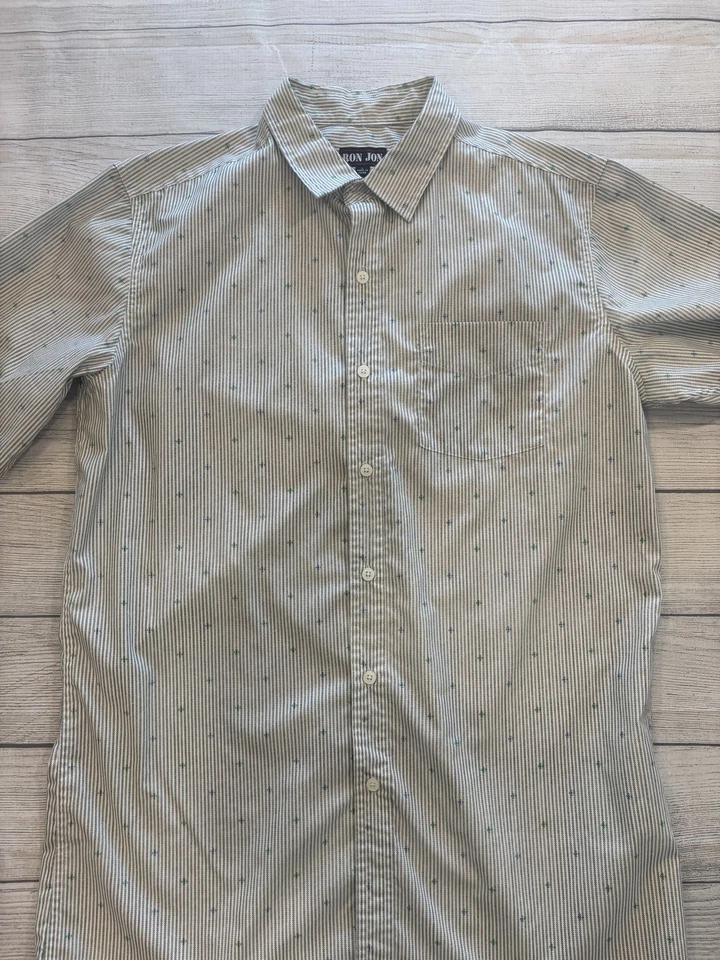 Ron Jon Shirt Mens Large Blue White Green Striped Short Sleeve Button Up Cotton - Image 2 of 4