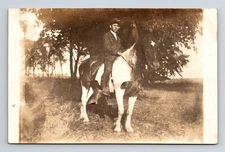 RPPC Young Man on Stout Horse at Farm Real Photo Postcard