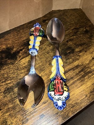 Serving Fork & Spoon Set EME INOX 18/10 Hand Painted Ceramic 9 Portofino, Italy