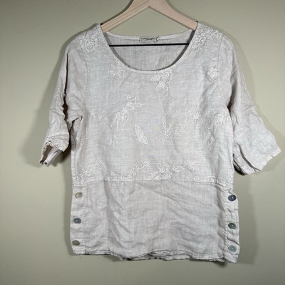 100% Linen Embroidered Top Blouse Made In Italy  Size S Boho Lagenlook