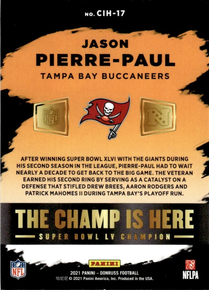 2021 Donruss Champ Is Here Jason Pierre-Paul Tampa Bay Buccaneers #CIH-17 - Image 2 of 2