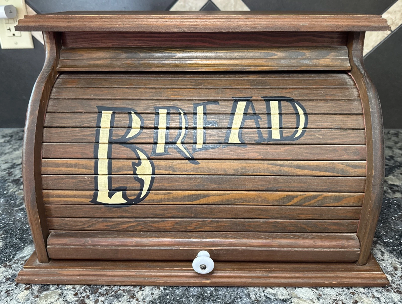 Wooden Bread Box with Roll-Top Lid and 'BREAD' Lettering Vintage Cottage Rustic