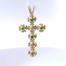 14k Gelbgold Diamant & Smaragd Kreuz Anhänger