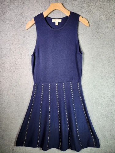 Abito donna MICHAEL Kors oro borchie senza maniche aderente e svasato in maglia L blu navy