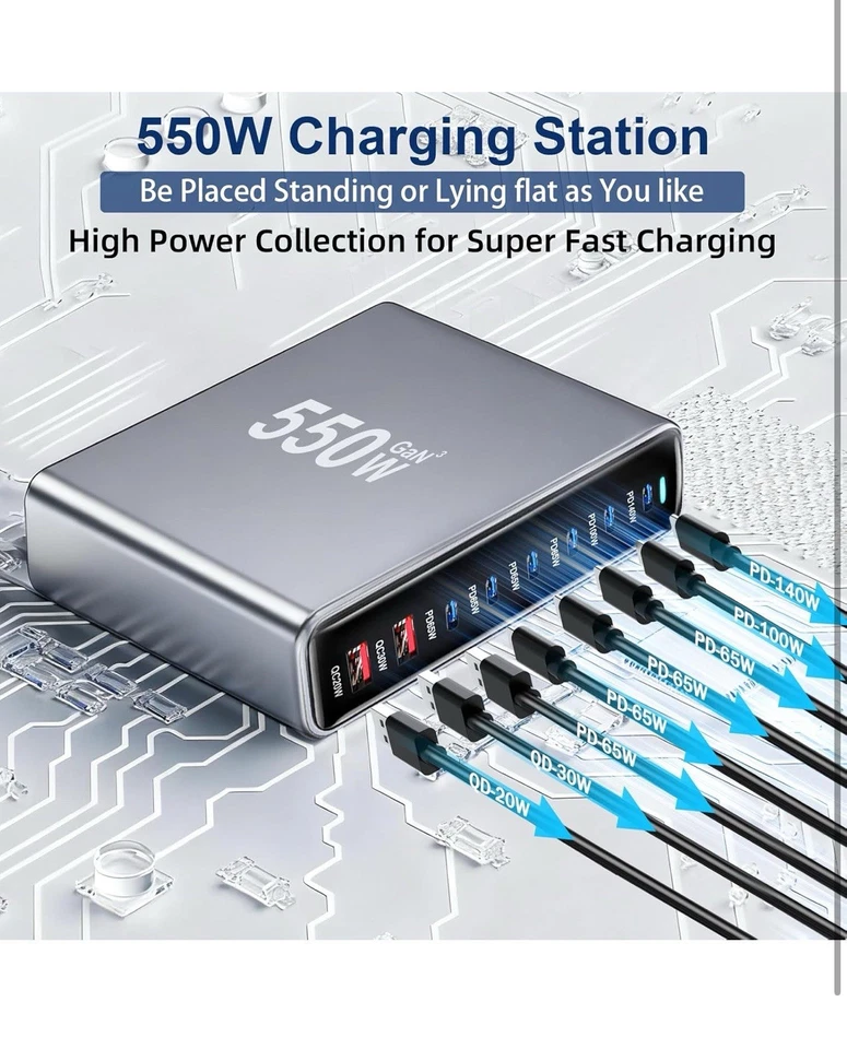 500W USB C Fast Charger Block, 8 Port USB Charging Station, Gan Ⅲ Pro Double 100 - Image 3 of 4