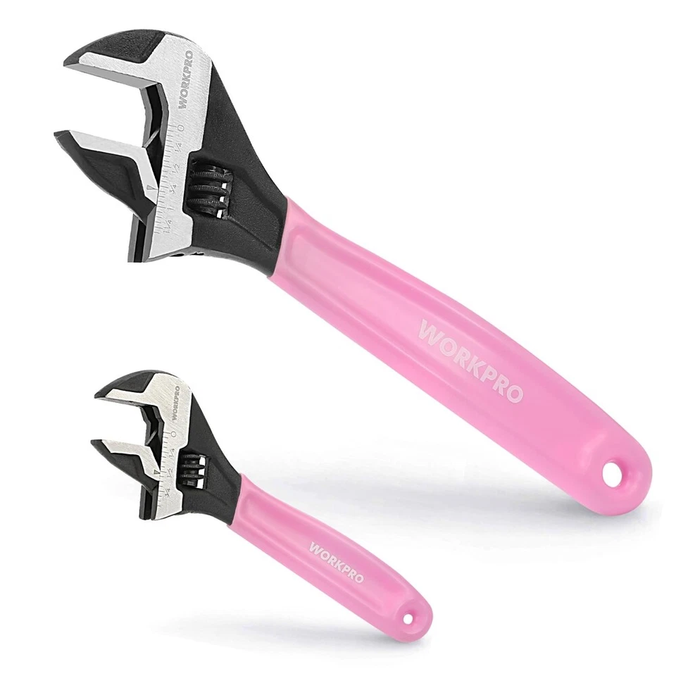 WORKPRO 2PCS 6" 10" Pink Adjustable Wrench Set Wide Jaw Black Oxide Metric & SAE - Image 2 of 4