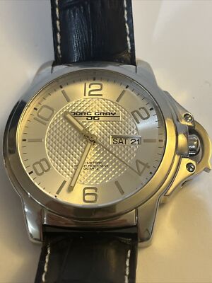 Jorg Gray JG1850-18 Men Watch Black Leather Strap 5 ATM W/ New Battery!