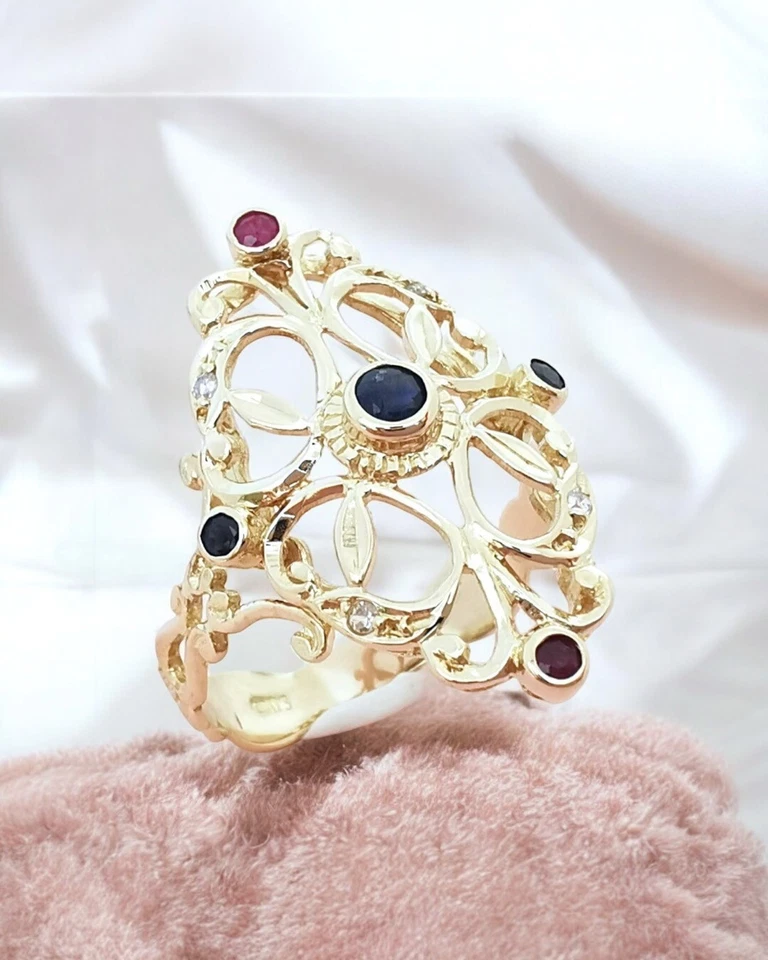 Bague Rubis - Saphirs - Diamants Or Jaune 18 K (750°/°°) 18 carats - Photo 3/4