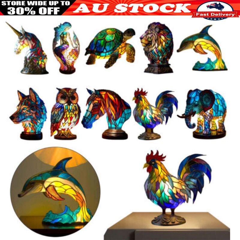 Stained Resin Animal Night Light Stained Glass Bedside Light Home Ornament AU
