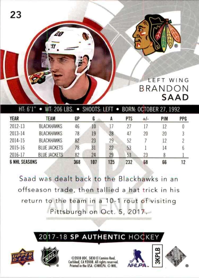 2017-18 upper deck SP Authentic Brandon Saad #23 - Image 2 of 2