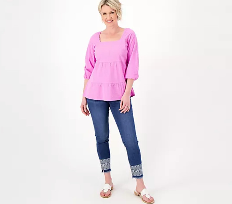 Denim & Co. Dk Wash 18W Easy Stretch Denim Pull-On Jegging W/ Embroidery A601459