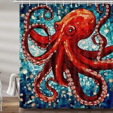Octopus Shower Curtain for Bathroom, Cool Ocean Nautical Red Kraken Fabric