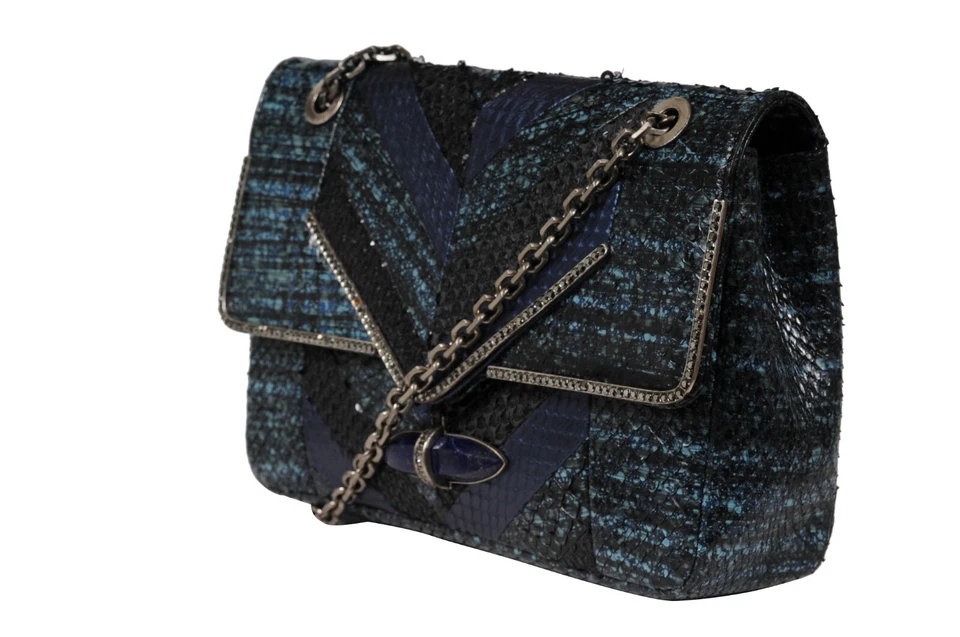 Bolso de Hombro Judith Leiber Zahara Patchwork Pitón Serpiente Lapislázuli Cadena Cartera Foto 3 de 4