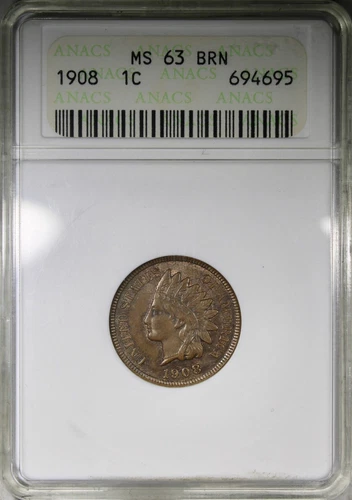 1908 Indian Head Cent ANACS MS63BN Soapbox Holder Uncirculated