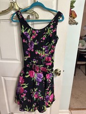 90s Steppin Out Women Dress med 7 Black Floral Scoop Tulle Belt Pink Cocktail