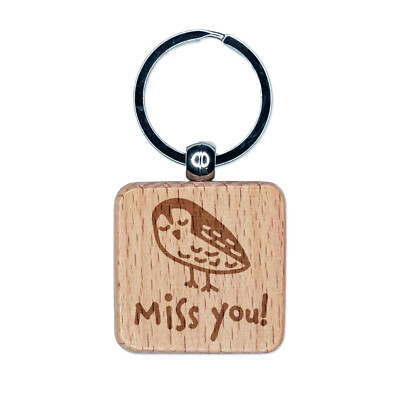 Miss You Owl Doodle Engraved Wood Square Keychain Tag Charm