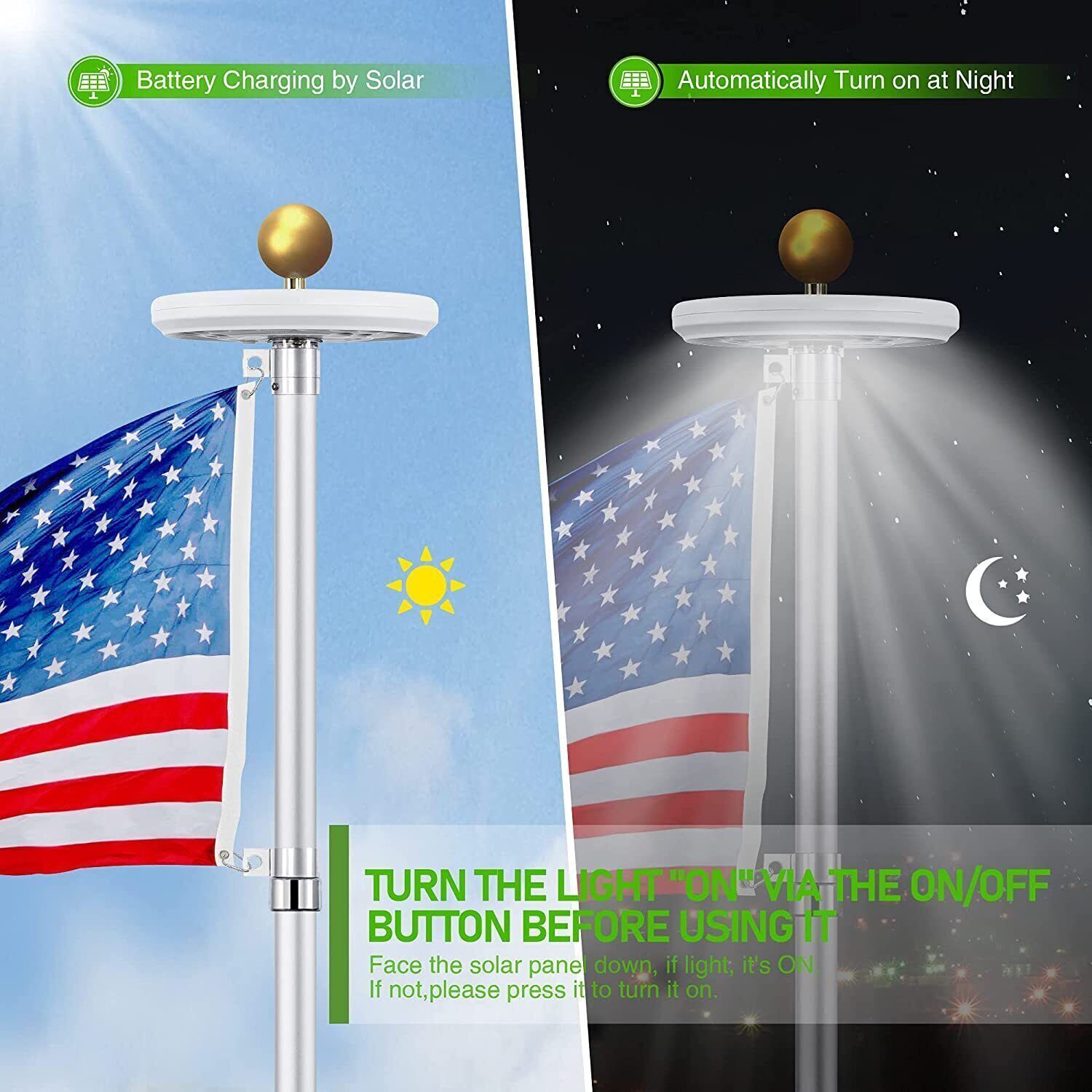Solar Powered Flag Pole Light 26 LED Auto Active Super Bright Waterproof US