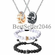 4Pcs Couple King Queen Crown Necklace Bracelets Matching Set for Men Women Gift
