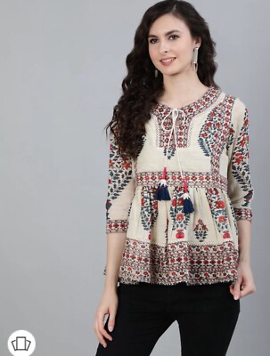 Ishin Women's Off White Embellished A-Line Top