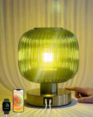 Big Touch Table Lamp,Elegant Green Glass Bedside Lamp 3 Way Dimmable with USB...
