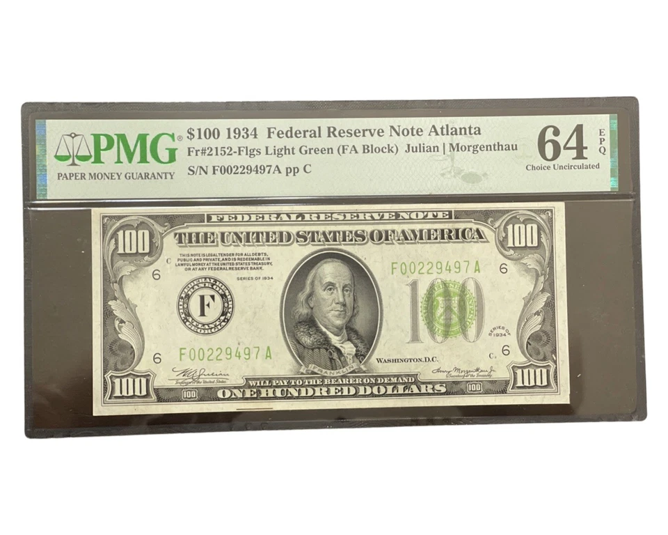 1934 $100 Atlanta Federal Reserve Note PMG 64 EPQ Fr#2152 2152F Light Green Rare - Image 2 of 3