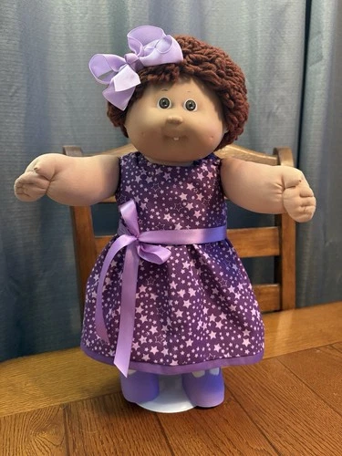 1980s Cabbage Patch Kid Brown Hair Brown Eyes One Tooth Purple Stars Dress