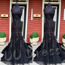 Black Lace Mermaid Wedding Dress V  Neck Sparkly Sweep Train Gothic Bridal Gown