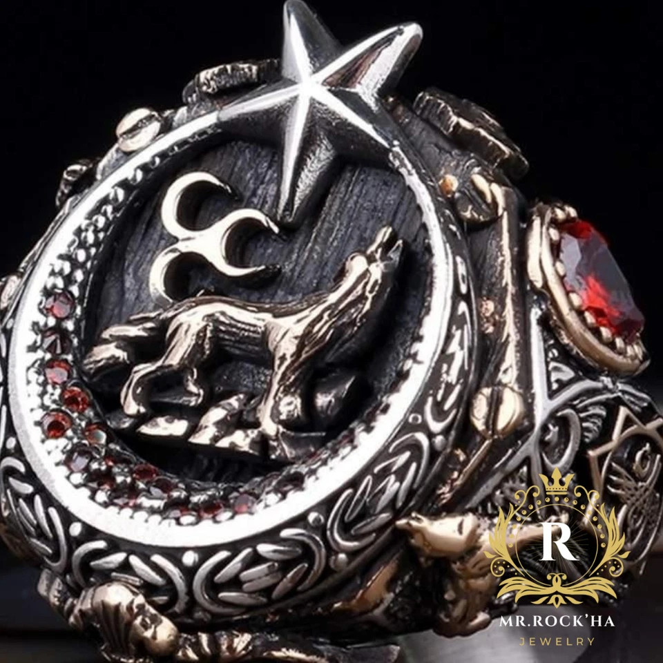 Anillo para hombre en relieve de lobo y estrella media luna en relieve, circón rojo, plata de ley 925 Foto 4 de 4