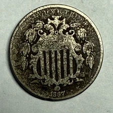 1867 SHIELD nickel. VG, semi-dark, porous. #m2