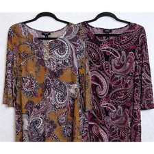 Lot of 2 MSK Paisley Swing Dresses Size Large 3/4 Sleeve Boho Fall Midi Tunic