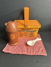 Fisher-Price 1974 Vintage Picnic Basket #677 USA Spoon, Bear Thermos, Blanket 