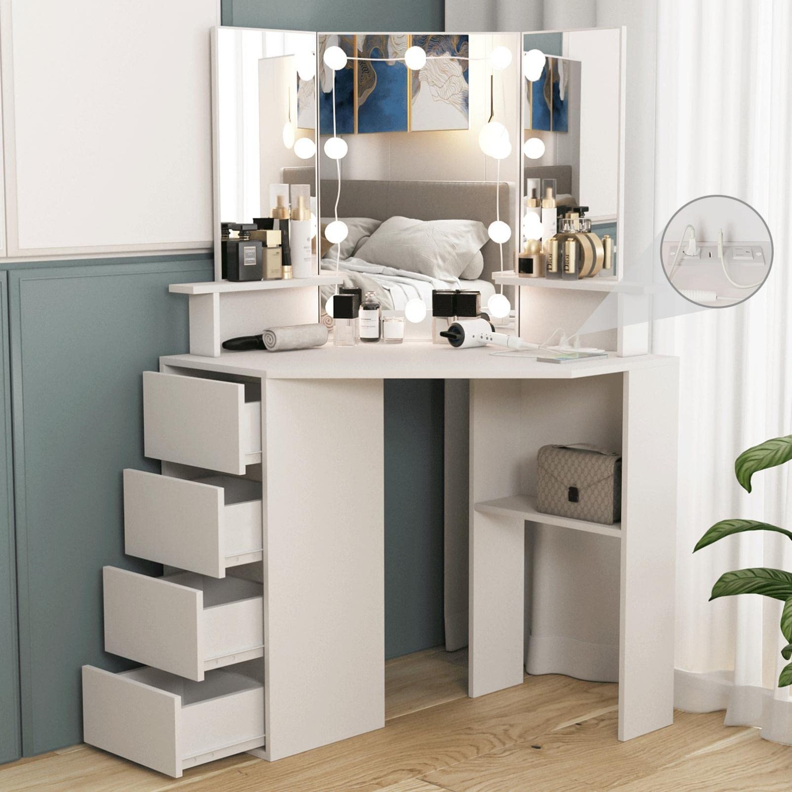 42" Corner Makeup Vanity Desk with Lighted Mirror, Power Strip, 4 Drawers