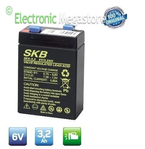 SKB Batteria Ermetica Ricaricabile al Piombo 6V Volt 3,2Ah connettore Faston beghell