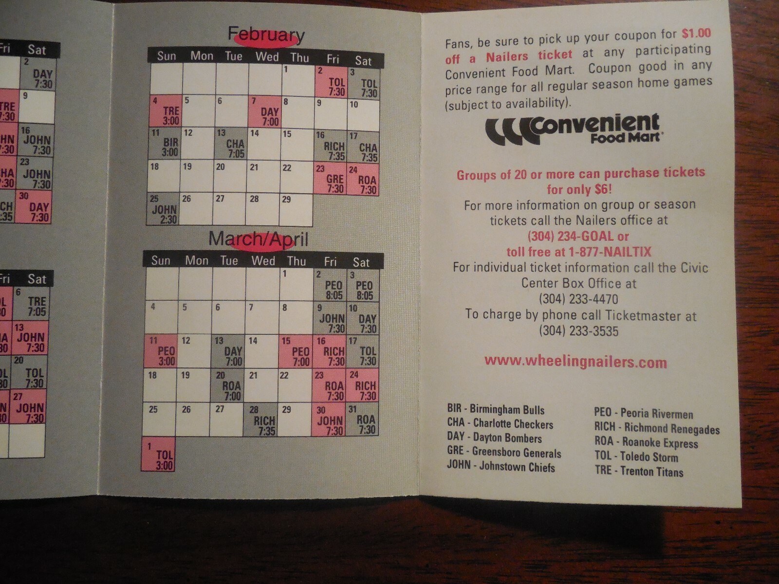 20002001 Wheeling Nailers ECHL Hockey Schedule eBay