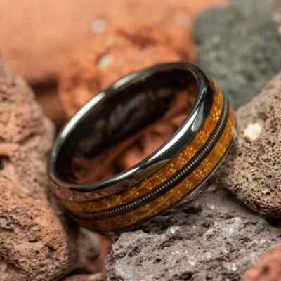 Guitar String Whiskey Barrel Gunmetal Tungsten Men's Wedding Ring 8mm 