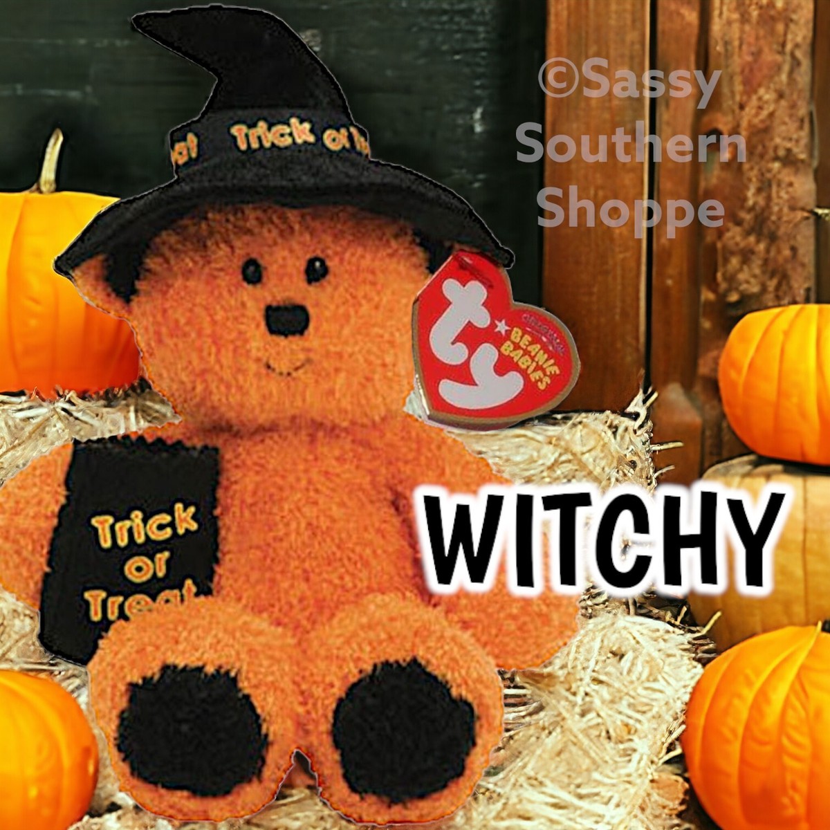 🧡 2006 WITCHY Orange Halloween Witch BEAR Ty Beanie Babies *MWMT
