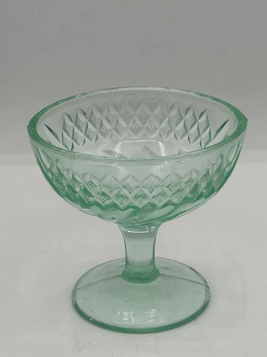 Floral & Diamond Band Green Depression Glass Sherbet Vintage U S Glass NICE