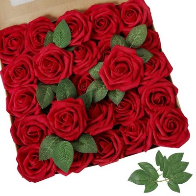 AmyHomie Artificial Flower Dark Red Rose 25pcs Real Looking 25pcs, 