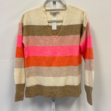 NWT LOFT Women's XS V-Neck Striped Knit Sweater Pink Orange Cream Multi Color