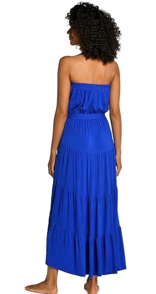 La Blanca垂褶亲爱的无肩带迷笛连衣裙小号蓝色分层泳装遮盖 — 第 4/4 张图片