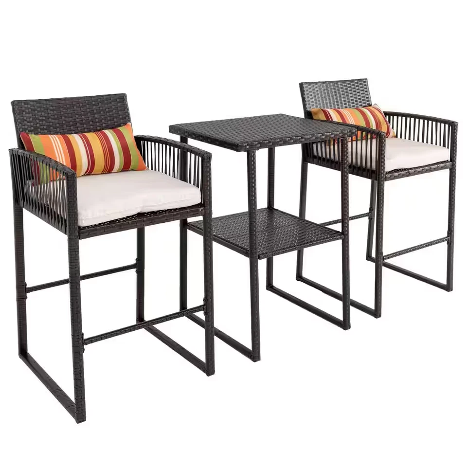 3-Piece Brown Wicker Patio Outdoor Bistro Set with White and Colorful Cushions, - Image 4 of 4