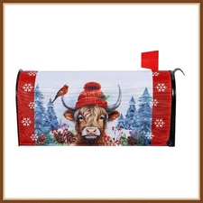 EVERGREEN MAILBOX COVER *BUNDLED UP HIGHLAND COW * STRONG MAGNETS - BRAND NEW