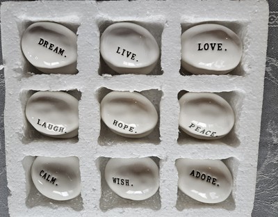 9 RAE DUNN MAGENTA BOUTIQUE WORD STONES DREAM PEACE HOPE LOVE COMPLETE SET NIB 