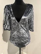 Free People Bodysuit Womens Sz L Gray Crushed Velvet Deep V Neck Intimately